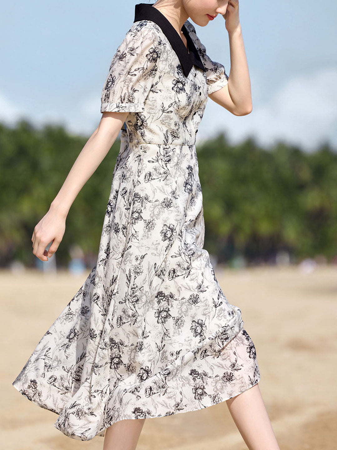 Brooke Elegant Lapel Floral Printed Chiffon Dress