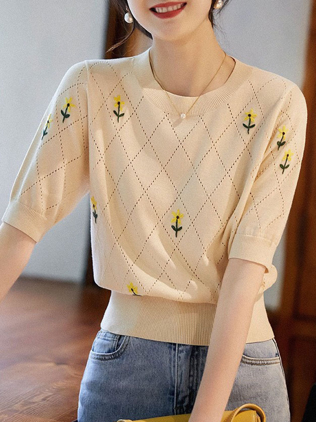 Maria Crew Neck Embroidered Hollowed Knitted Top