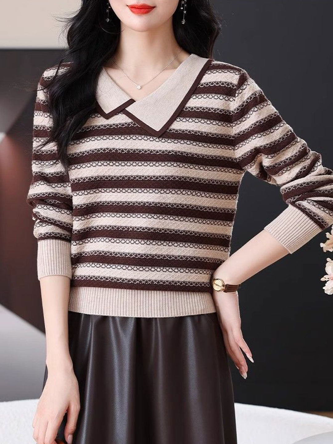 Sofia Loose Lapel Striped Knitted Sweater