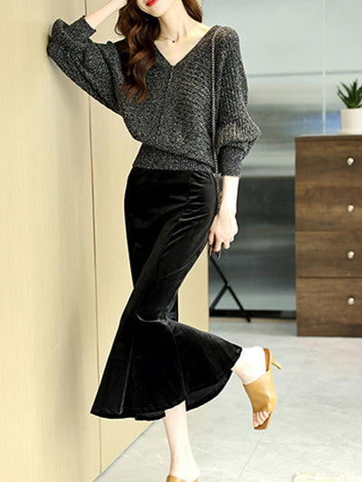 Bella Loose V-Neck Bat Sleeve Knitted Sweater