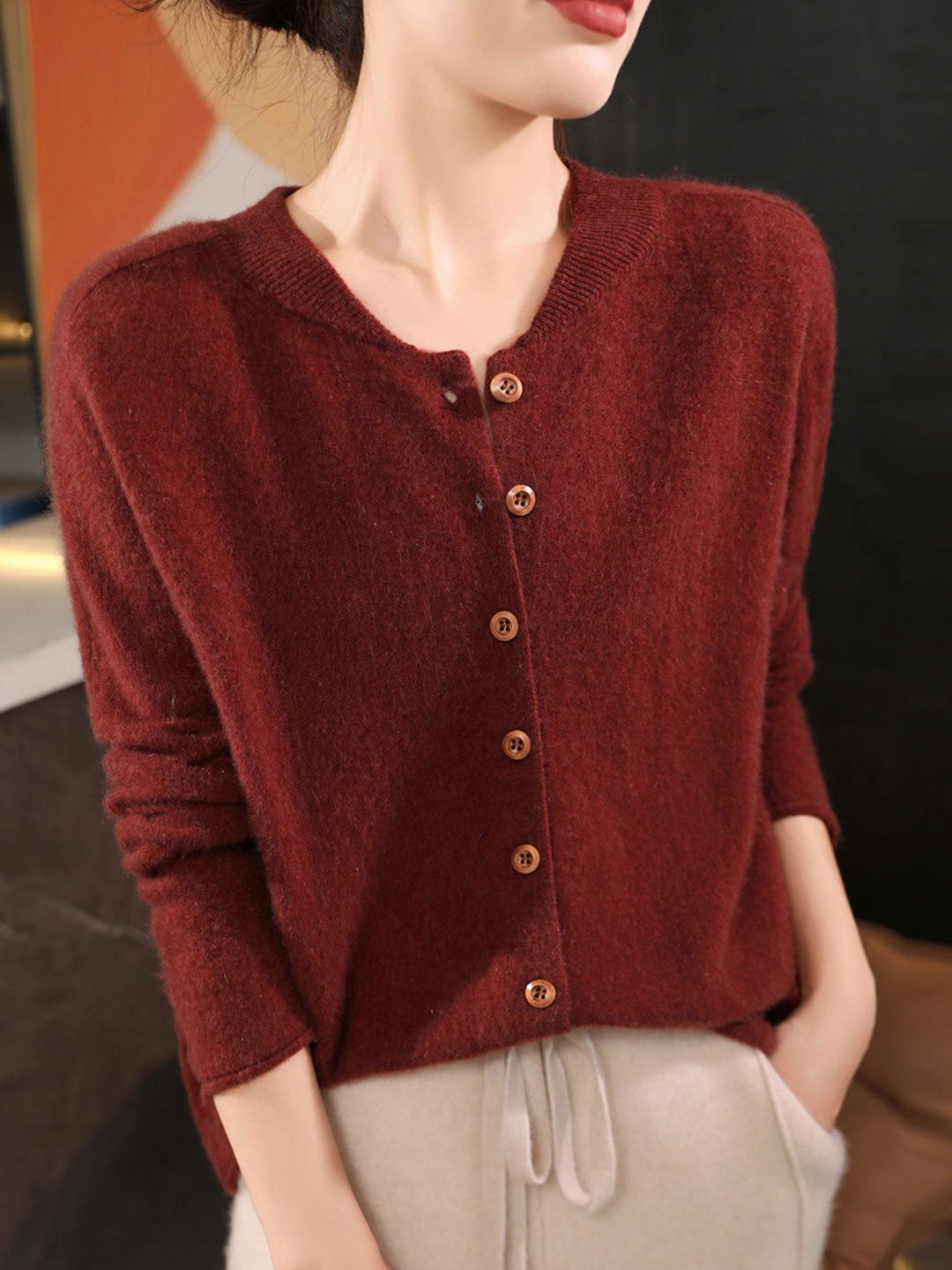 Natalie Classic Crew Neck Solid Color Knitted Cardigan-Apricot