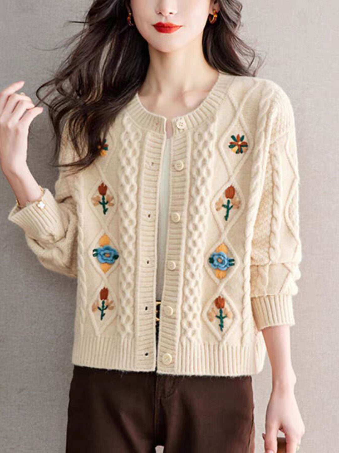 Jocelyn Retro Crew Neck Embroidered Knitted Cardigan