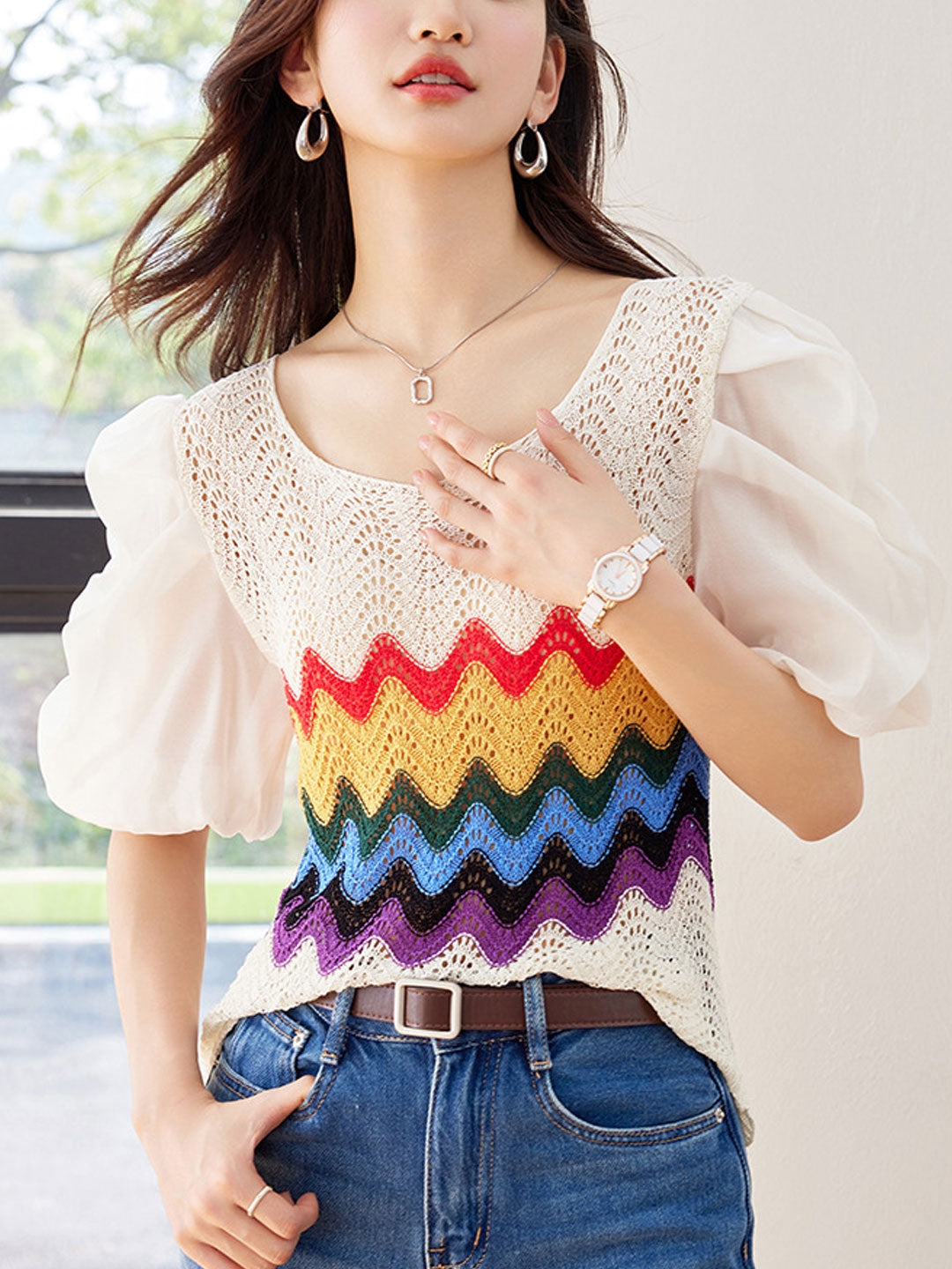 Zoe Retro Puff Sleeve Hollowed Knitted Top