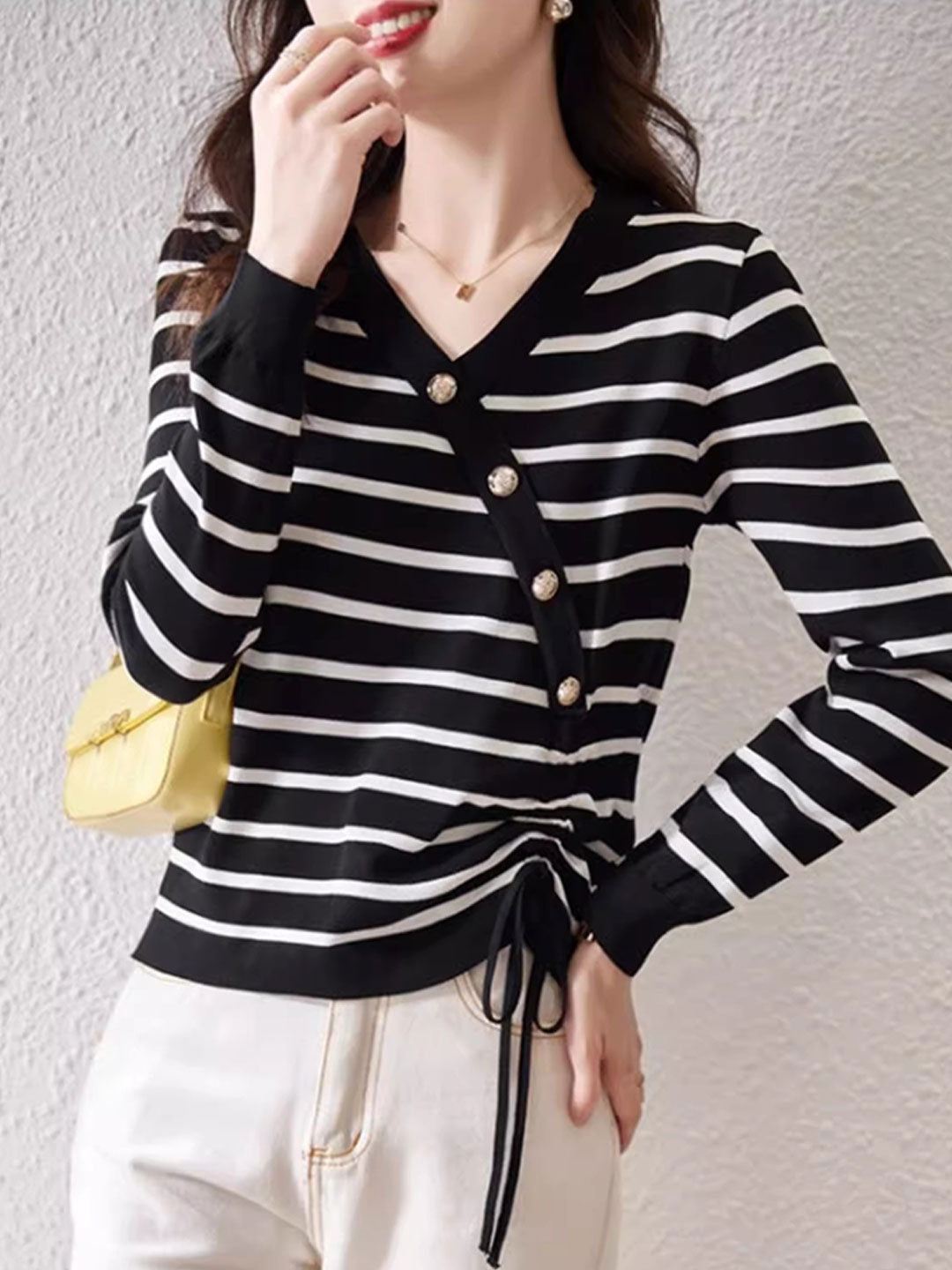 Abigail Casual V-Neck Drawstring Striped Knitted Top