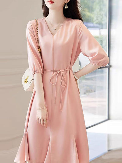 Emma Elegant V-Neck Solid Color Dress