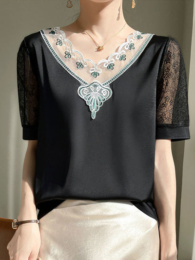 Ava Classic V-Neck Hollowed Lace Satin Top