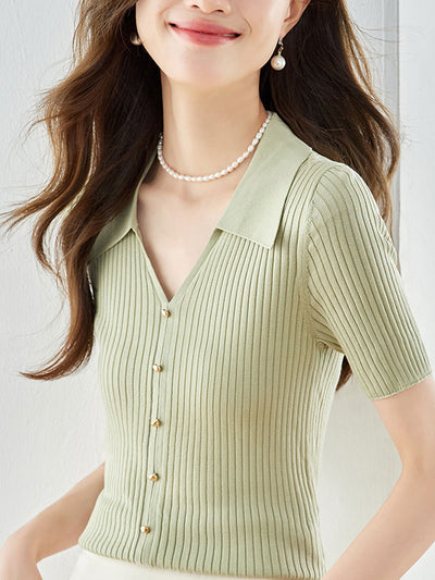 Madison Classic V-Neck Paneled Striped Knitted Top