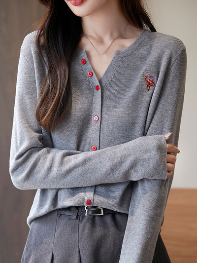 Grace Loose V-Neck Embroidered Knitted Cardigan