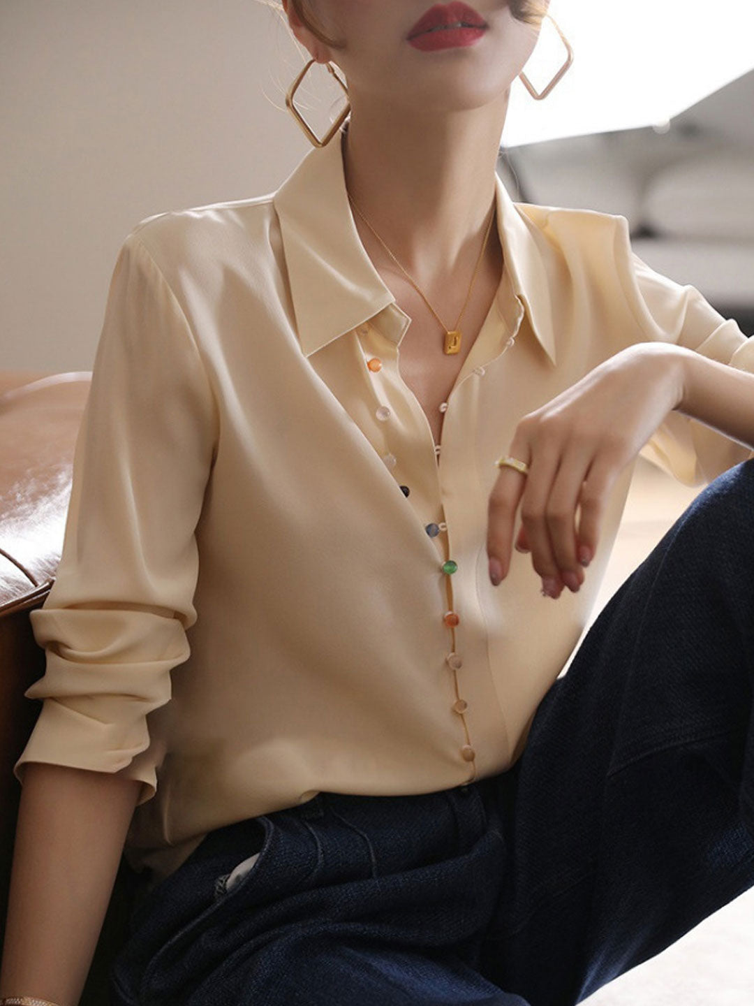 Audrey Vintage Lapel Solid Color Shirt