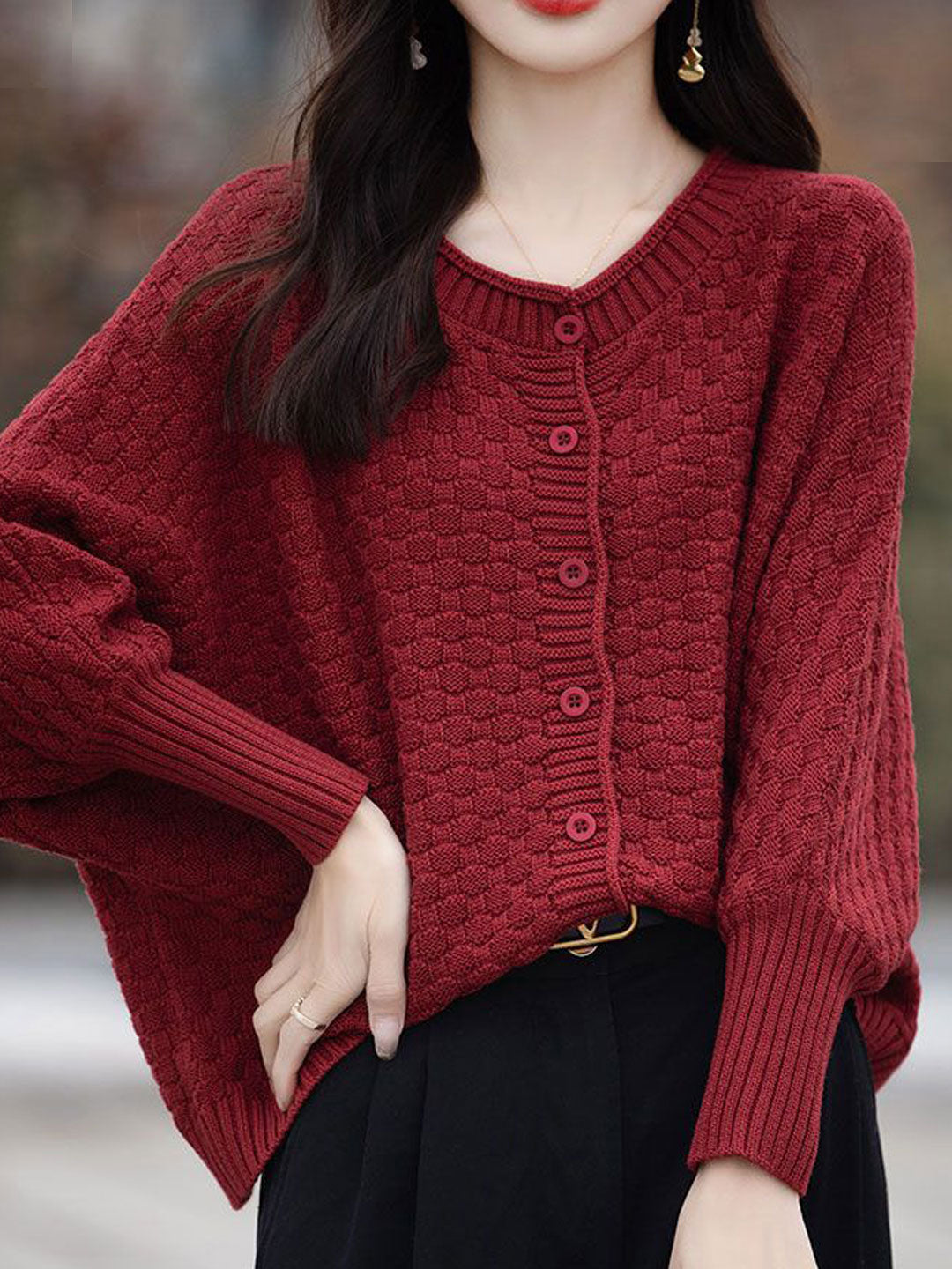 Mia Loose Crew Neck Solid Color Knitted Cardigan