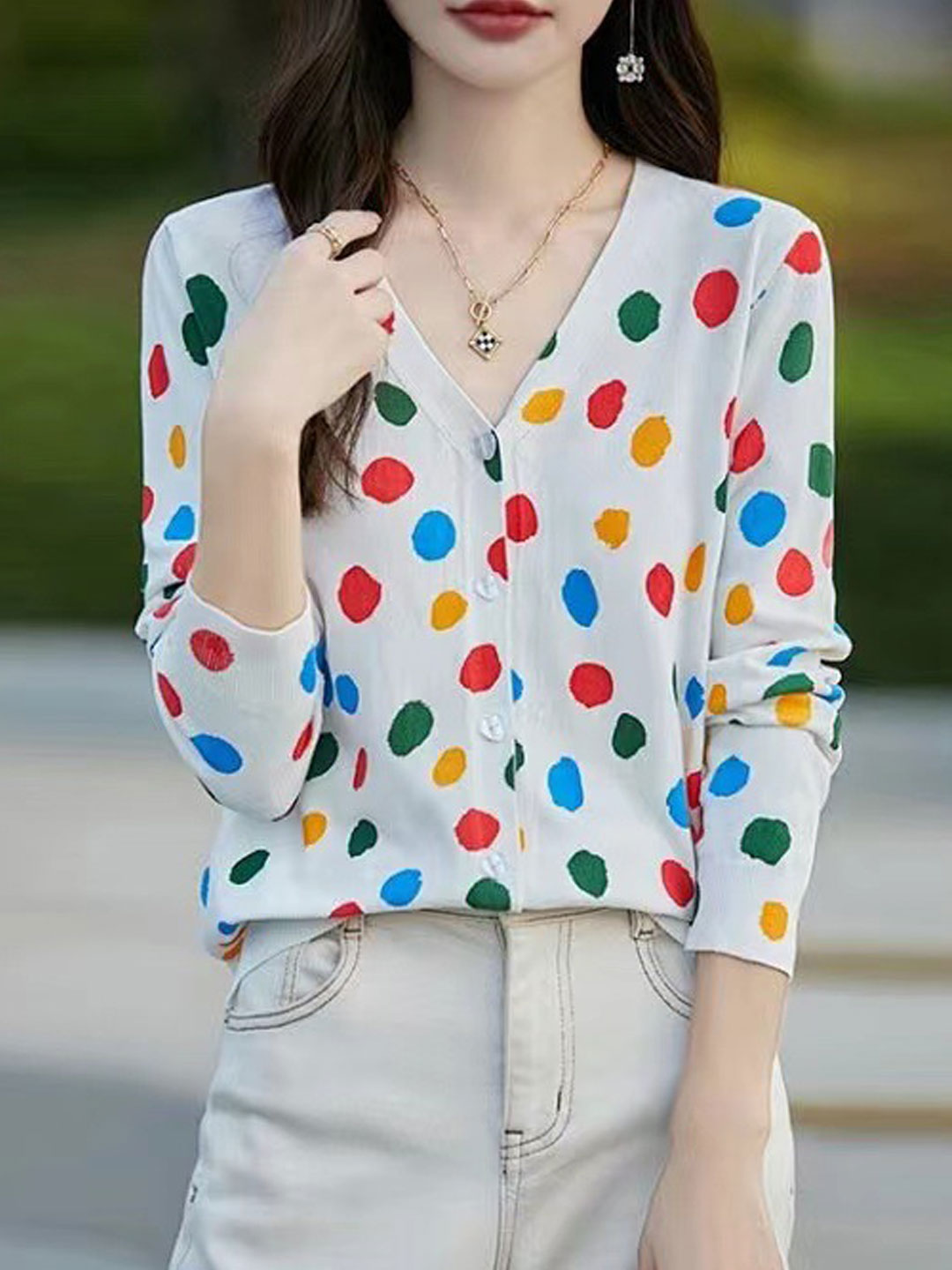 Sophia Classic Crew Neck Polka Dot Printed Cardigan