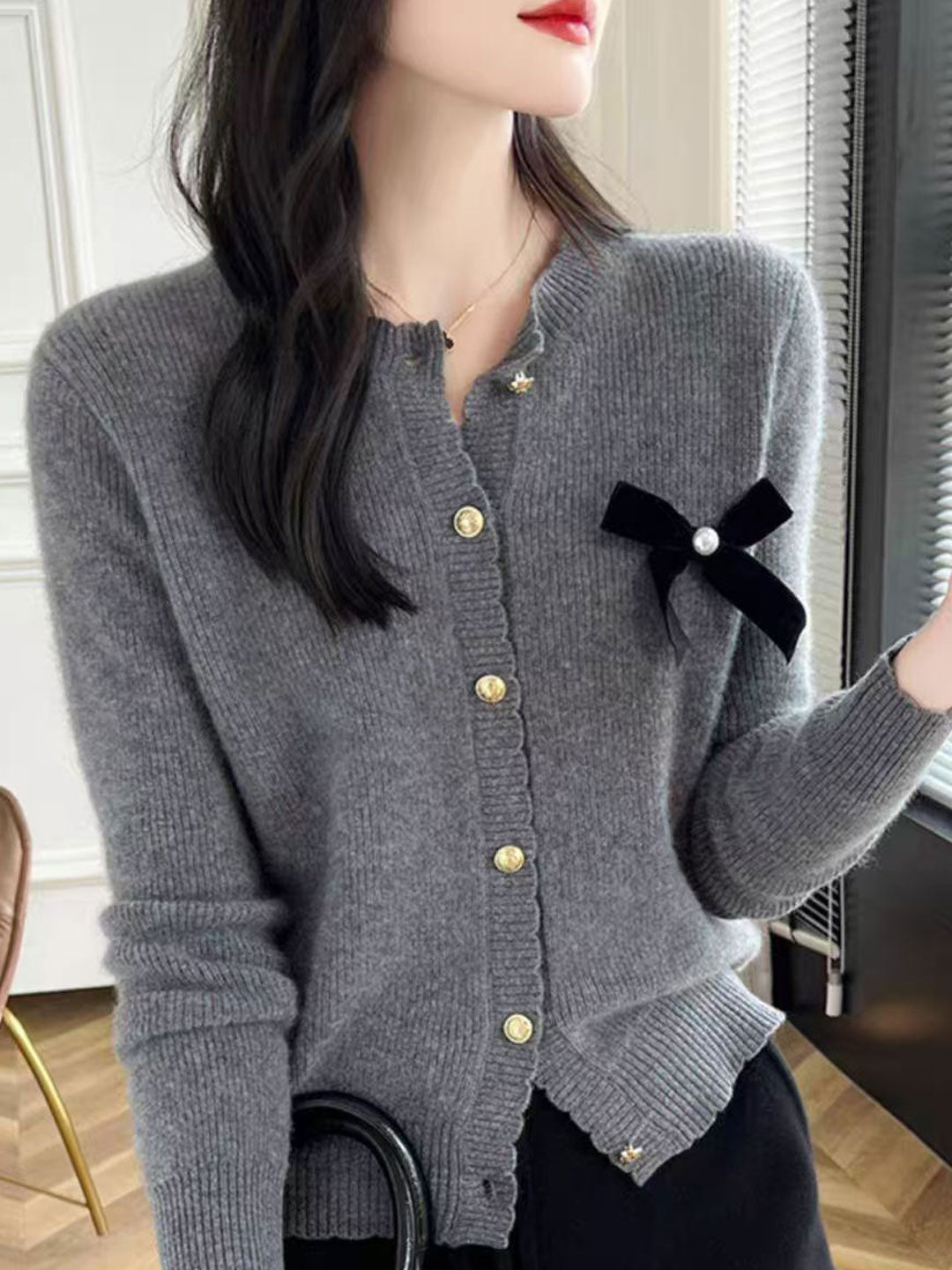 Sophia Retro Crew Neck Bow Knitted Cardigan