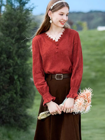 Brianna Retro V-neck Lace Collar Shirt