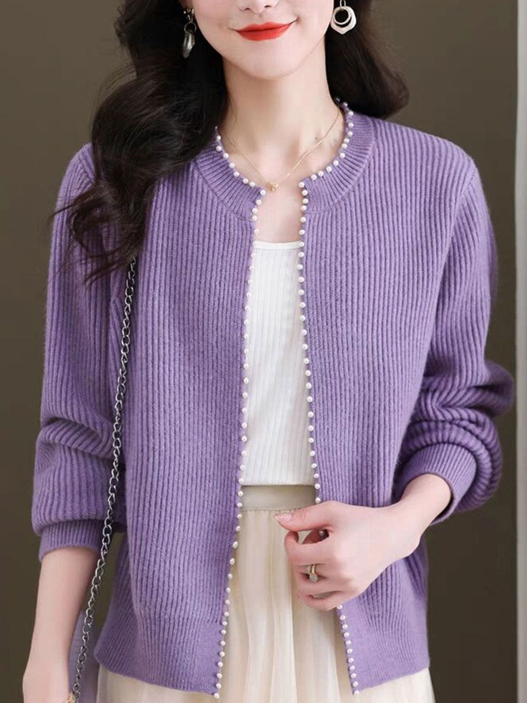 Mariah Classic Crew Neck Beaded Knitted Cardigan