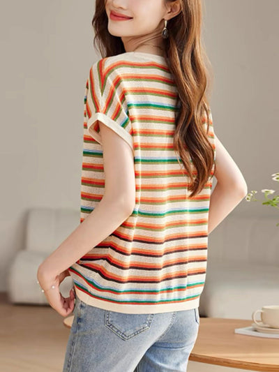 Olivia Loose Hollowed Colored Striped Top