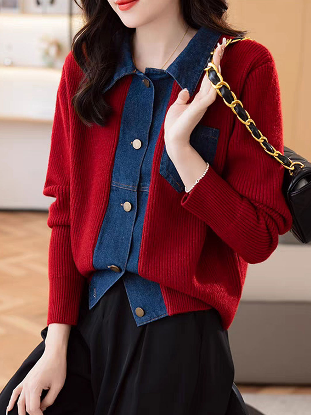 Eva Casual Lapel Patchwork Knitted Cardigan