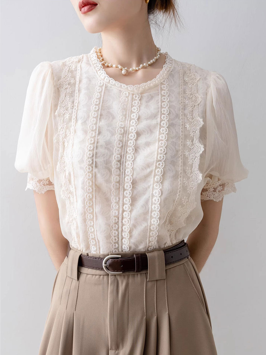 Lillian Retro Crew Neck Puff Sleeve Lace Chiffon Blouse