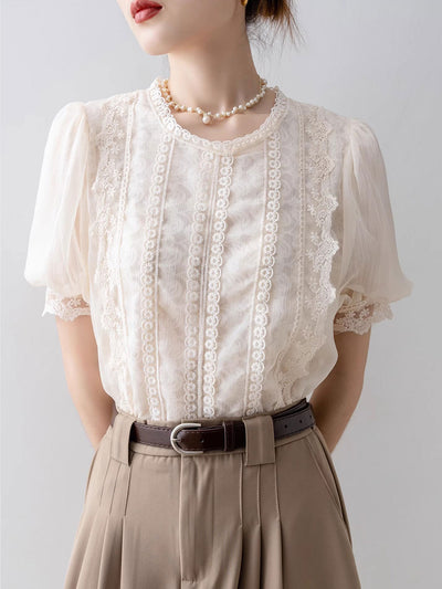 Lillian Retro Crew Neck Puff Sleeve Lace Chiffon Blouse