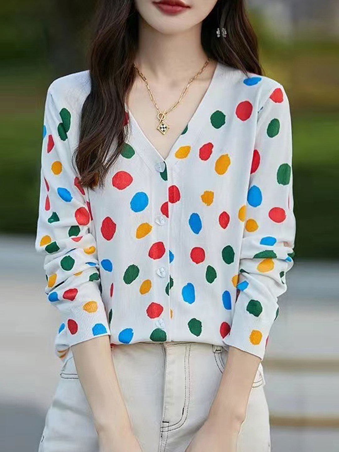 Sophia Classic Crew Neck Polka Dot Printed Cardigan