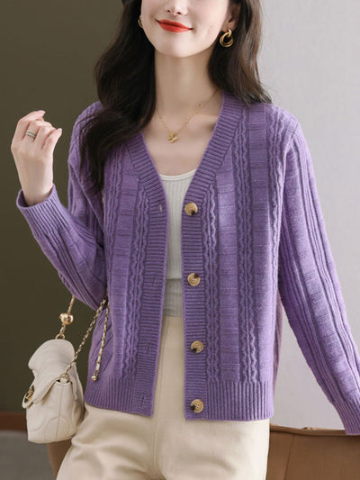 Ava Casual V-Neck Ribbed Solid Color Knitted Cardigan