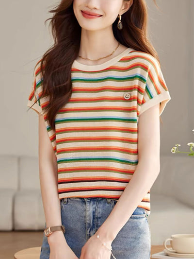 Olivia Loose Hollowed Colored Striped Top