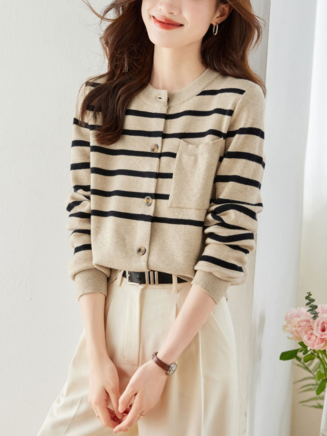 Eva Classic Crew Neck Striped Knitted Cardigan