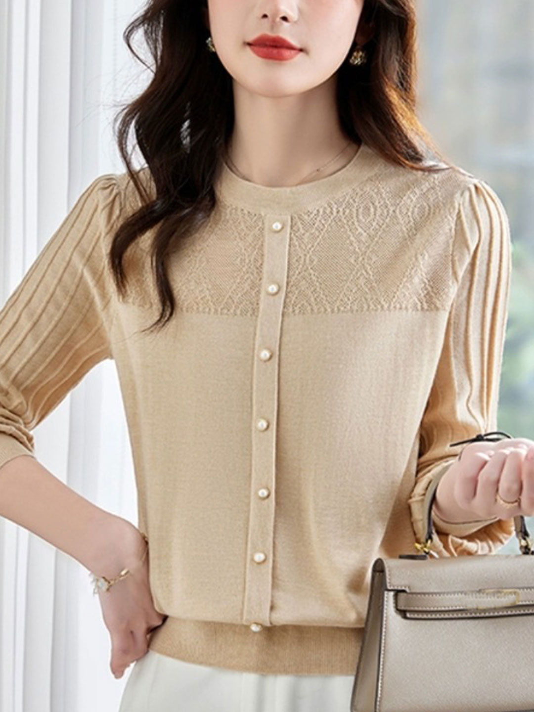 Brianna Elegant Crew Neck Puff Sleeve Knitted Top