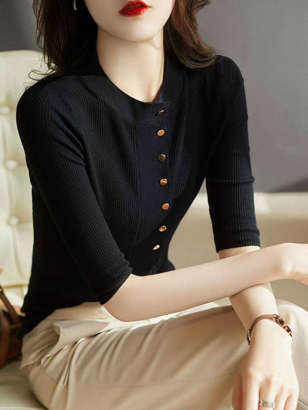 Brooke Crew Neck Solid Color Button Knitted Top