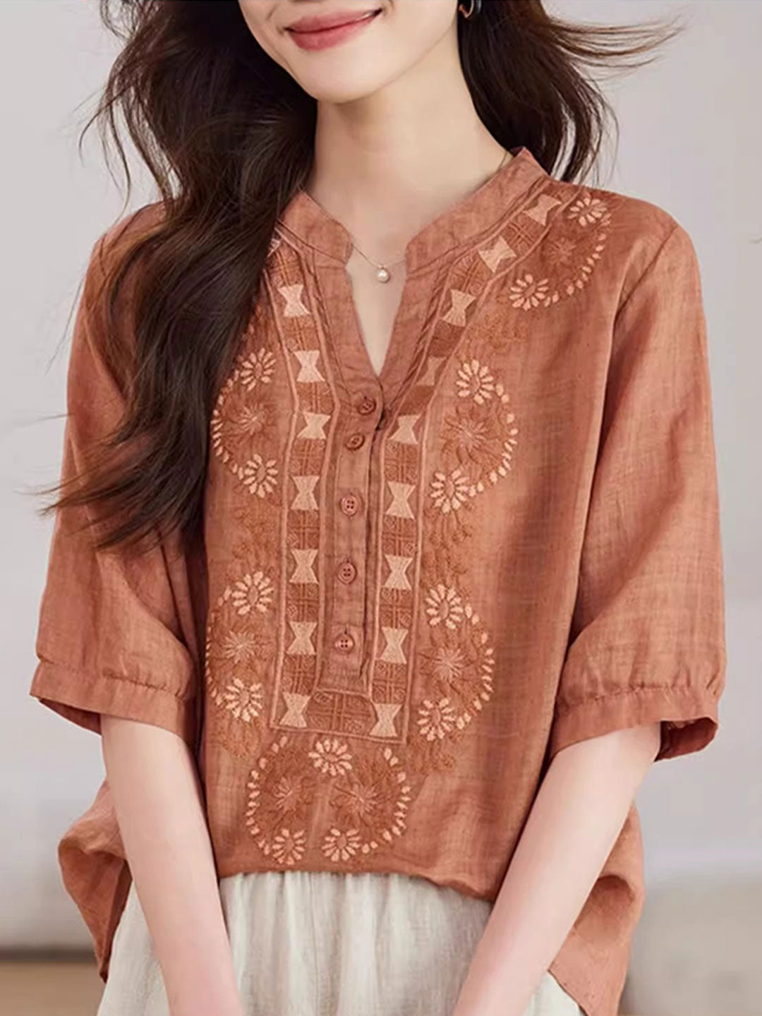 Zoe Loose V-Neck Embroidered Top