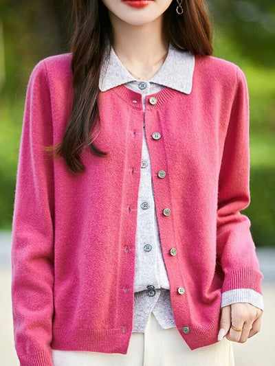 Claire Casual Lapel Colorblock Knit Cardigan Set