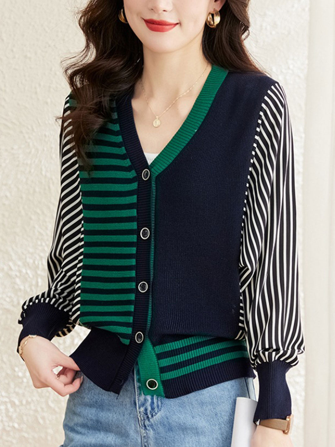 Trinity Casual V-Neck Striped Knitted Cardigan-Green