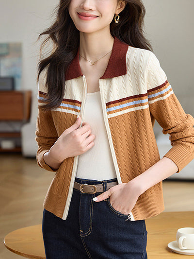 Zoe Retro Polo Collar Contrasting Knitted Cardigan