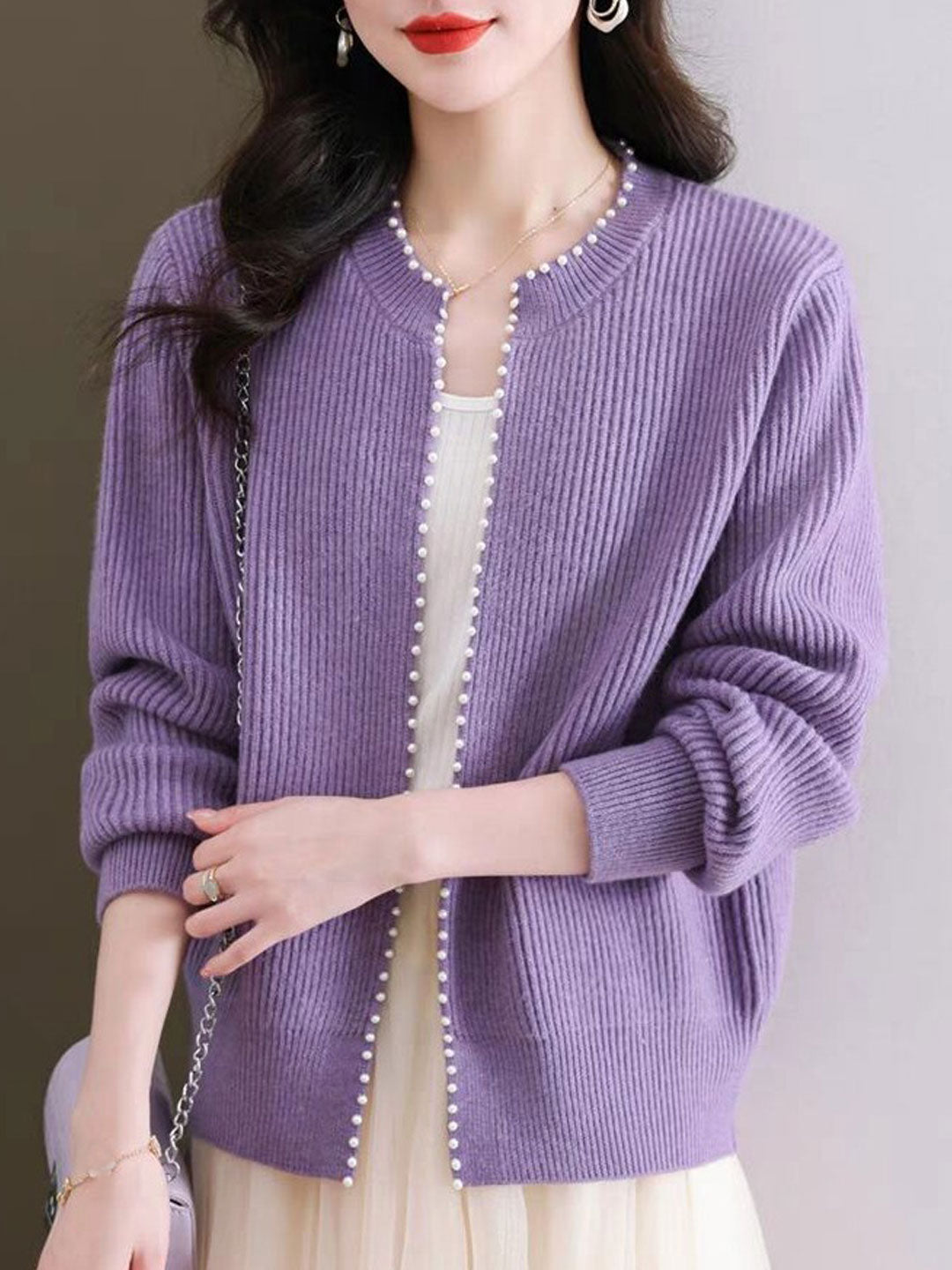 Mariah Classic Crew Neck Beaded Knitted Cardigan