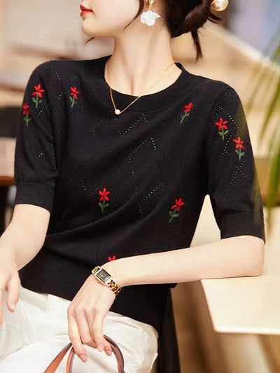 Maria Crew Neck Embroidered Hollowed Knitted Top