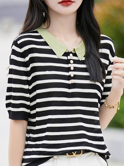 Mia Casual Polo Collar Striped Knitted Top