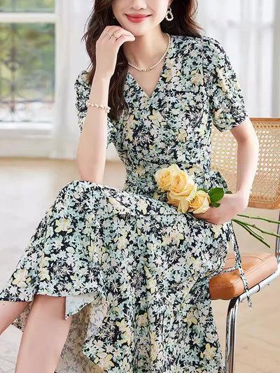 Alyssa Retro V-neck Floral Chiffon Dress