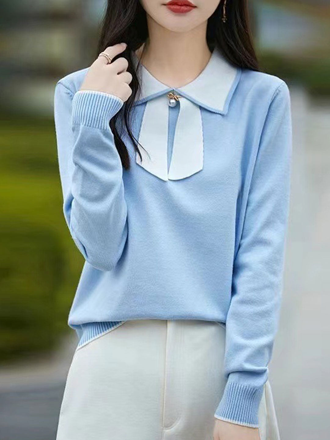 Natalie Cute Doll Collar Bow Colorblock Knitted Top