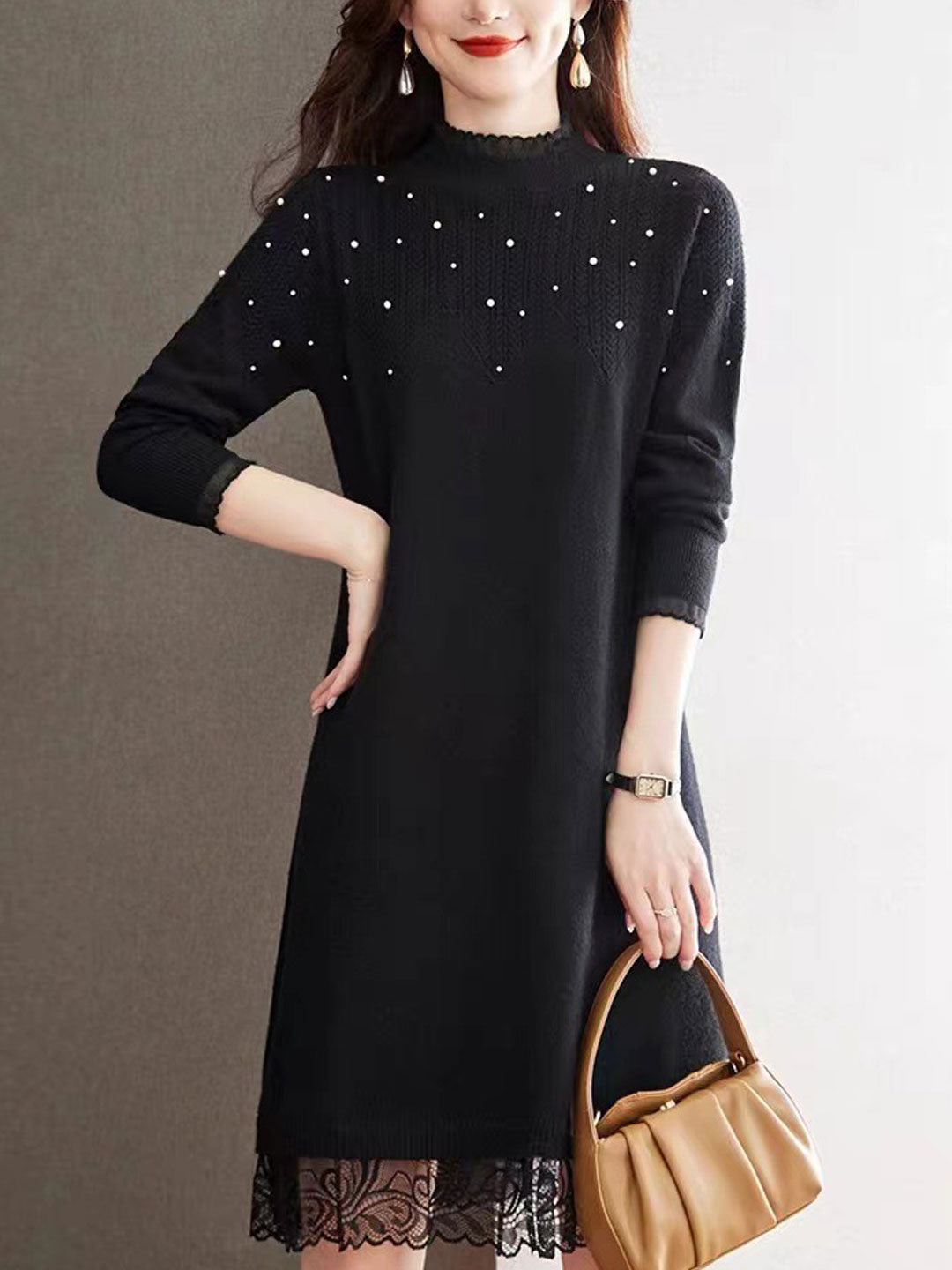 Mariah Elegant Crew Neck Beaded Knitted Dress