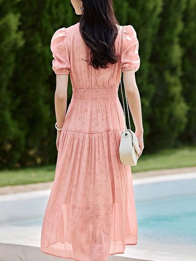 Grace Retro V-Neck Puff Sleeve Pleated Tie Dress