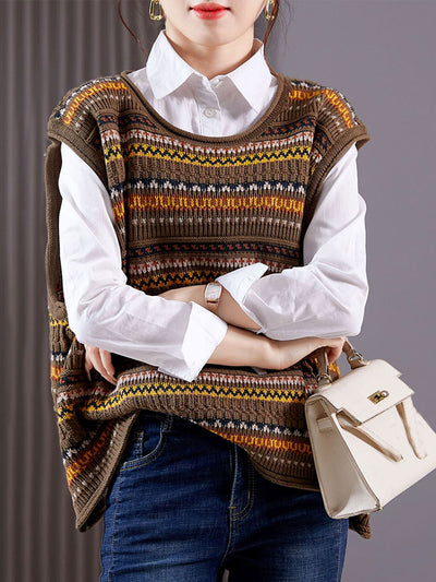 Ashley Casual Crew Neck Striped Hollowed Knitted Vest