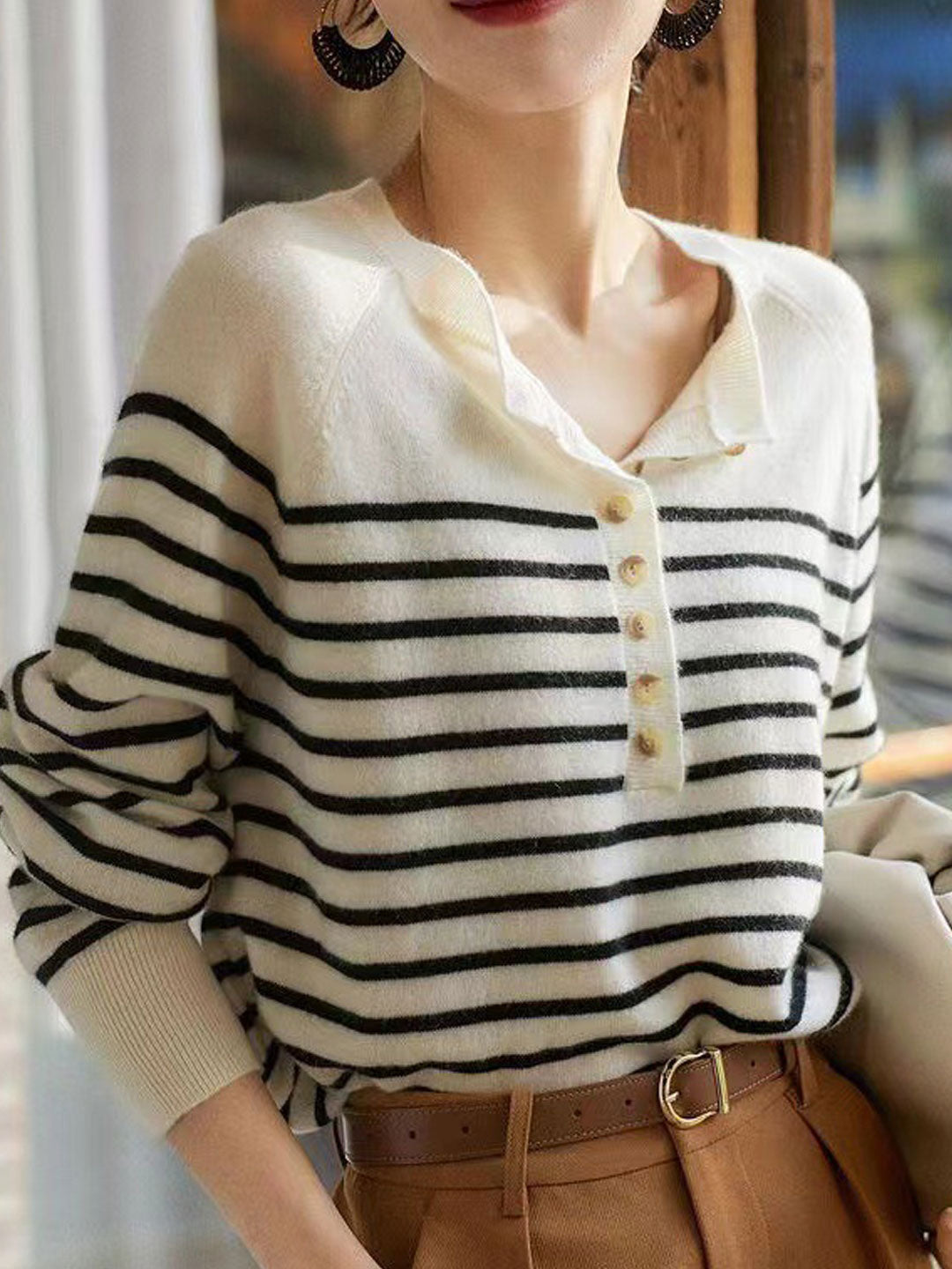 Hannah Loose Lantern Sleeve Striped Knitted Sweater