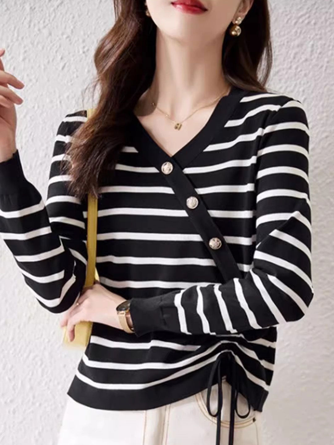 Abigail Casual V-Neck Drawstring Striped Knitted Top