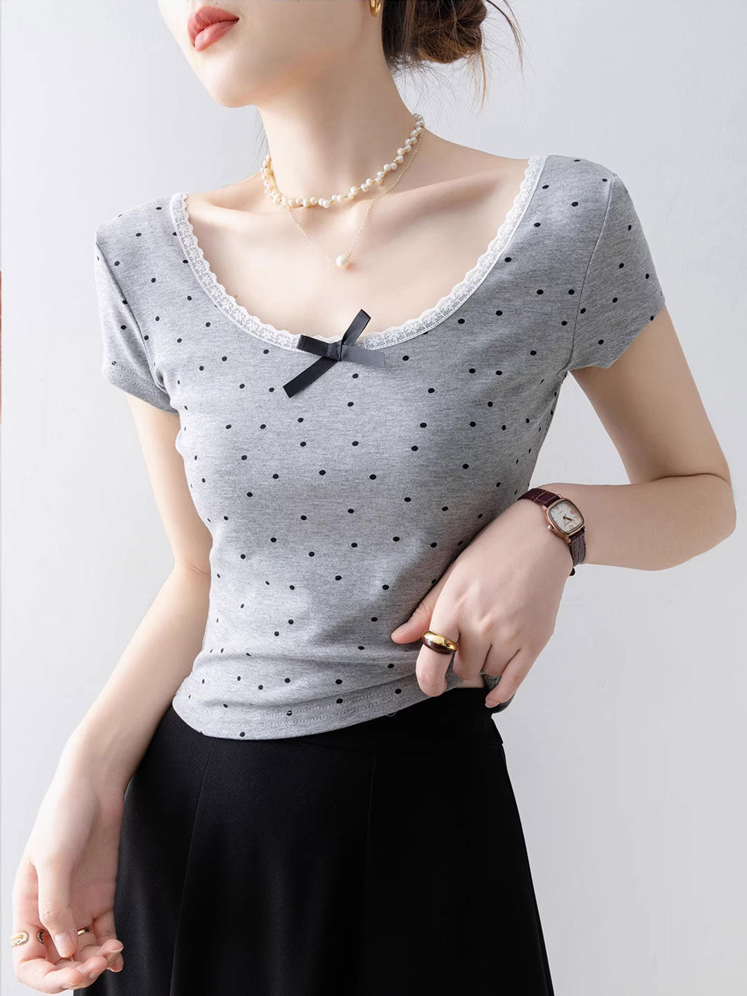 Molly Classic Square Neck Polka Dot Lace Bow Top