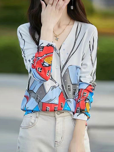 Isabella Elegant V-neck Printed Knitted Cardigan