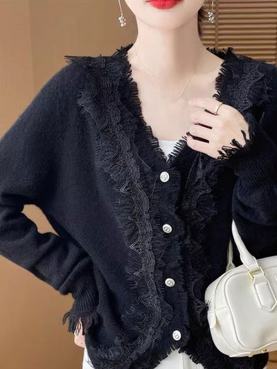 Emma Elegant V-Neck Lace Knitted Cardigan