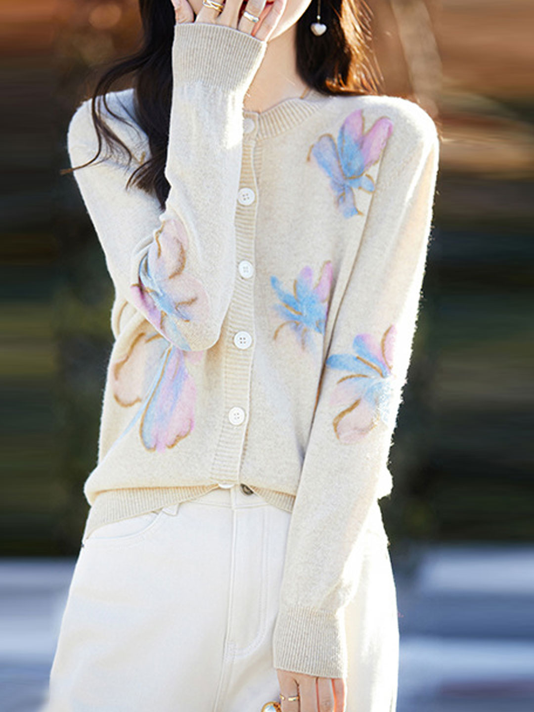 Zoe Causal Crew Neck Floral Knitted Cardigan