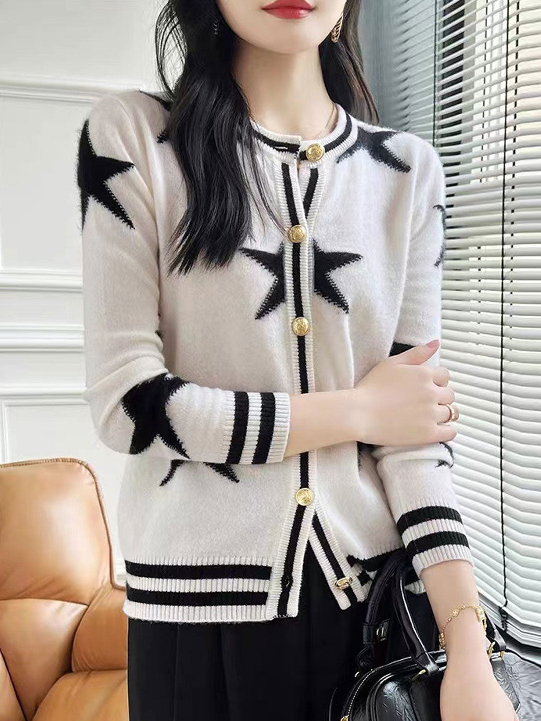 Ava Loose Crew Neck Jacquard Knitted Cardigan