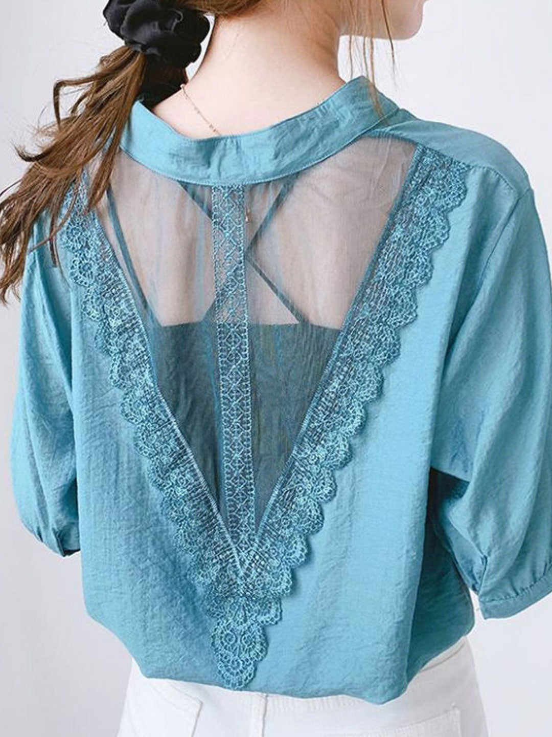 Morgan Classic V-Neck Lace Hollowed Chiffon Top