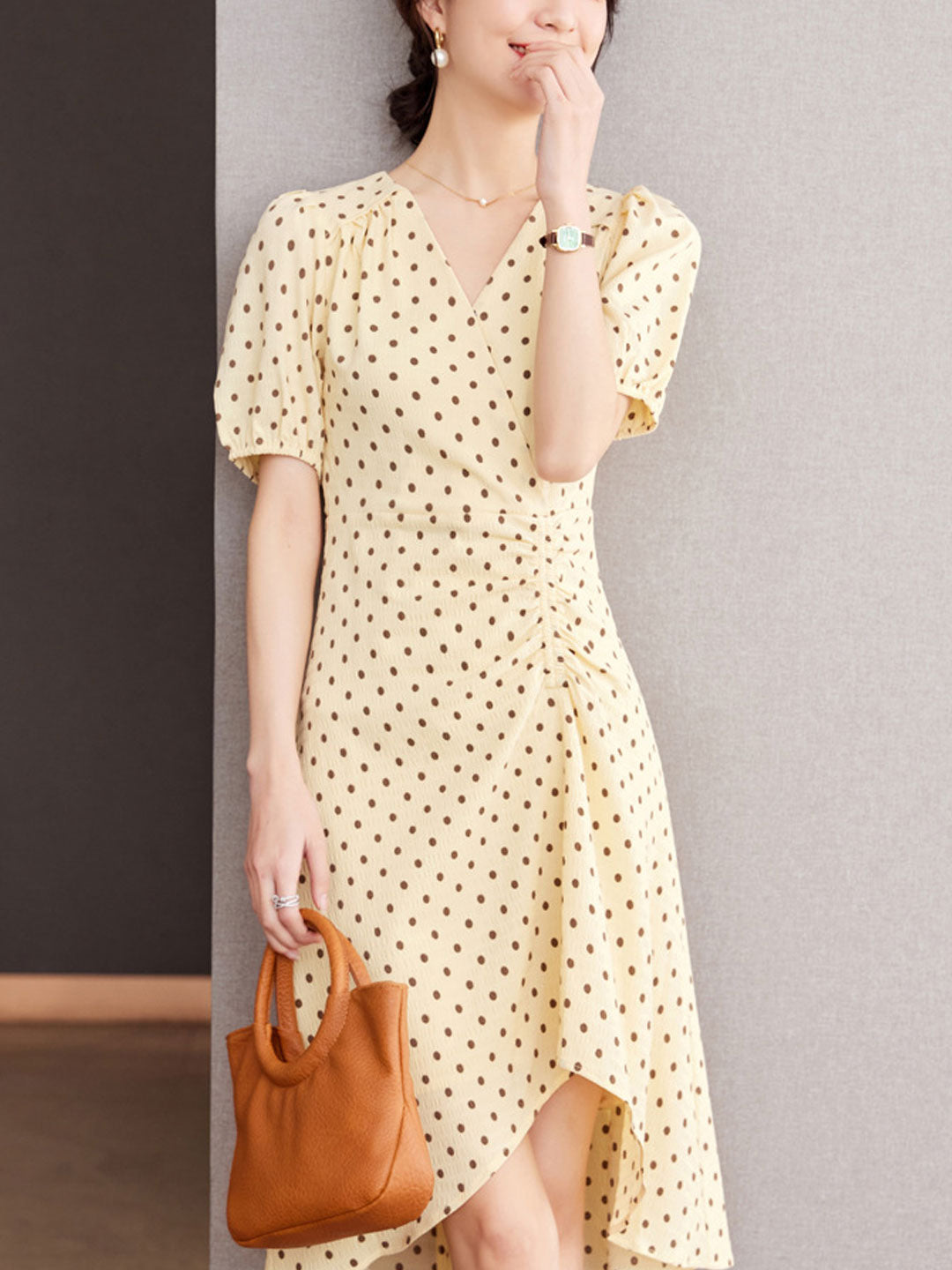 Chloe V-Neck Polka Dot Printed Irregular Dress-Yellow