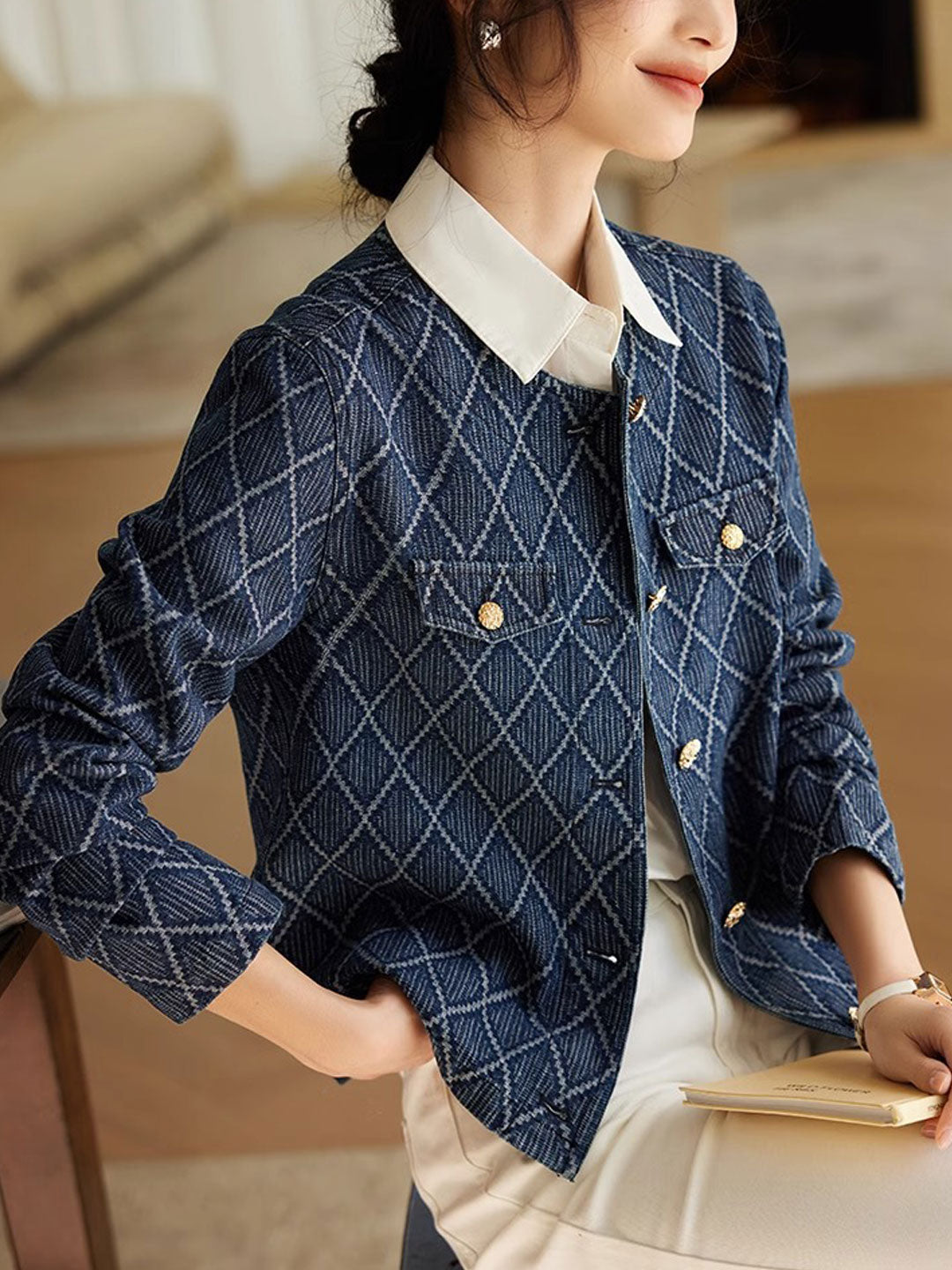 Sophia Elegant Diamond Jacquard Denim Jacket